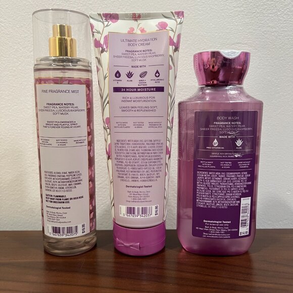 Bath and Body Works Sweet Pea Set Mist, Body Cream, Body Wash NEW - Picture 2 of 3